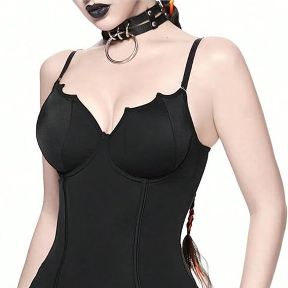 Black Backless Spaghetti Strap Y2K Goth Halloween Costume One Piece Swimsuit - Picture 2 of 6